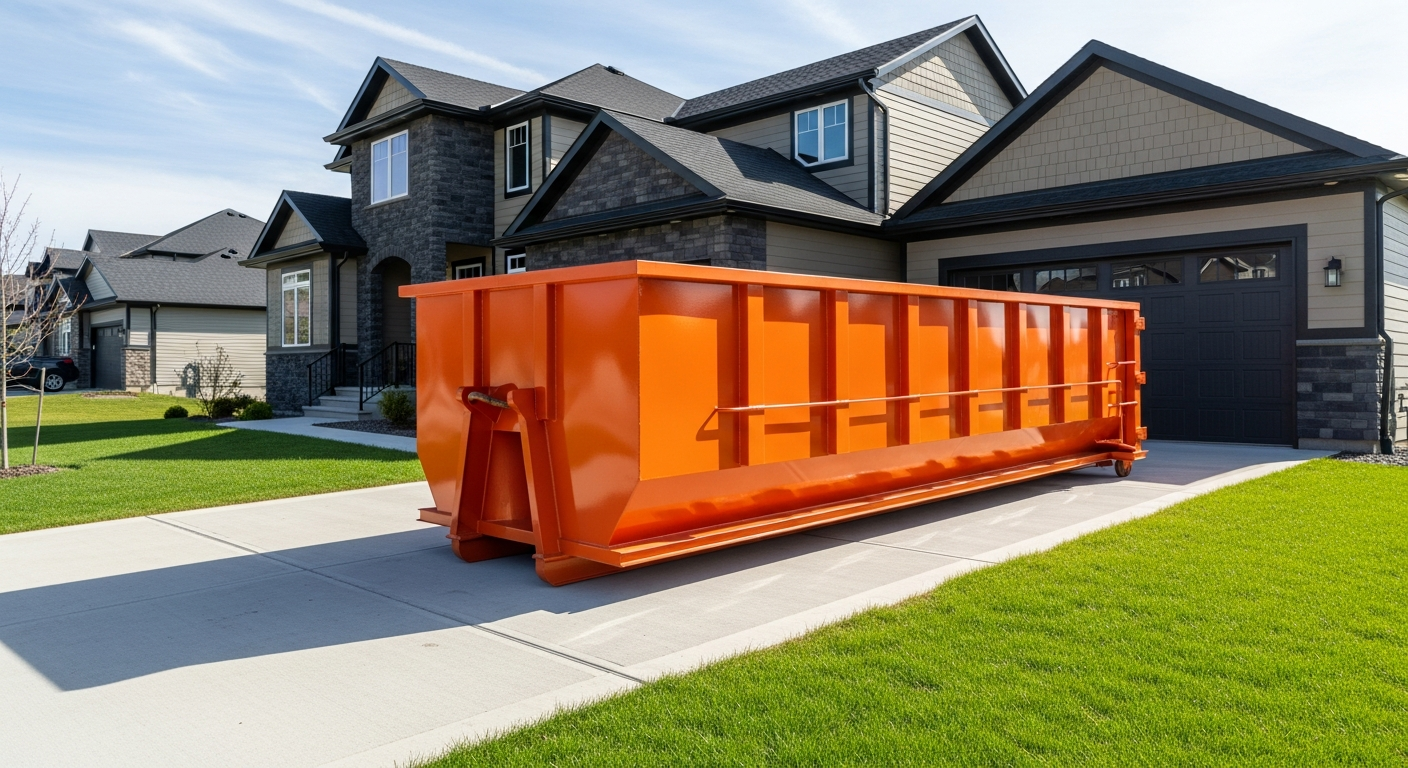 Orange roll-off dumpster delivered to a driveway in St. Joseph, MO